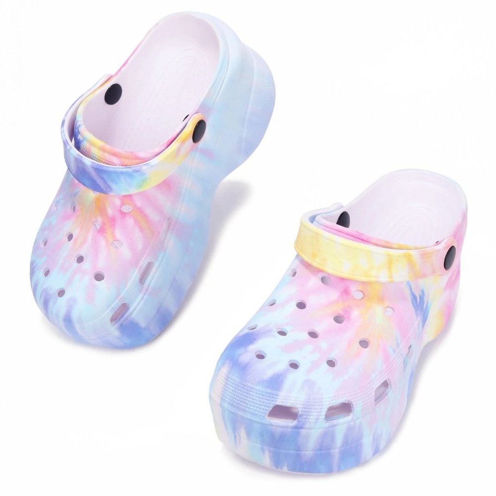 NEW🔥 Pastel Tie Dye Classic Platform Clogs Sandals Wedge Heel Slingback Slip-On - Picture 7 of 7